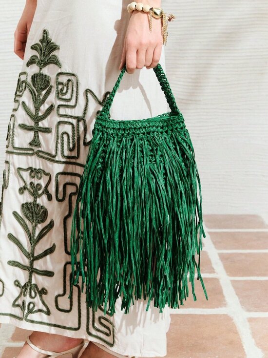 Handbags - Grass Green Straw Tassel Women's Top Handle Bag